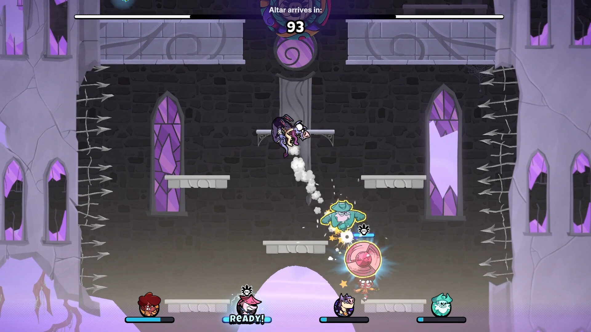 Characters battling in a castle arena