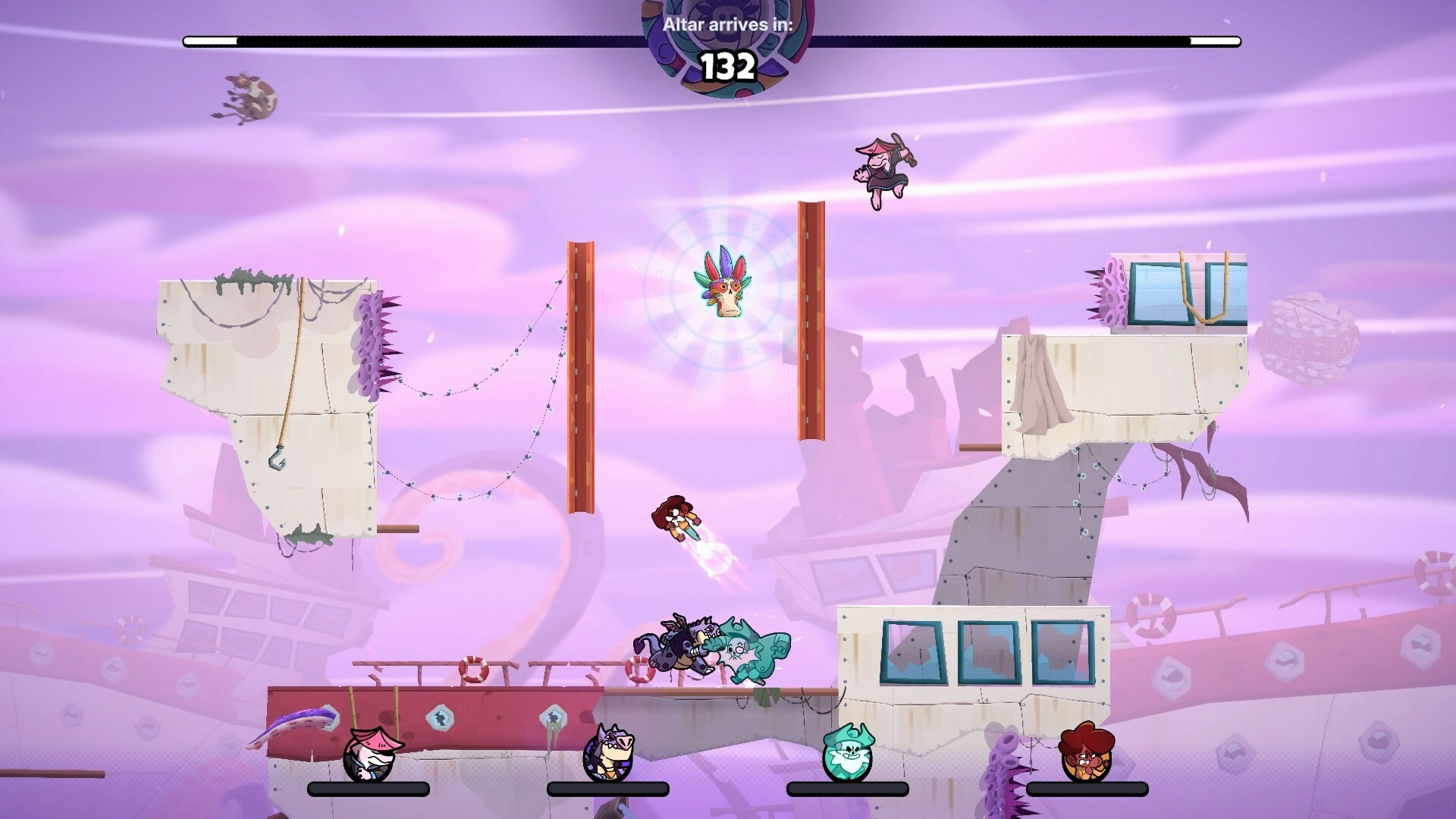 Players competing on a pastel-colored cloud stage