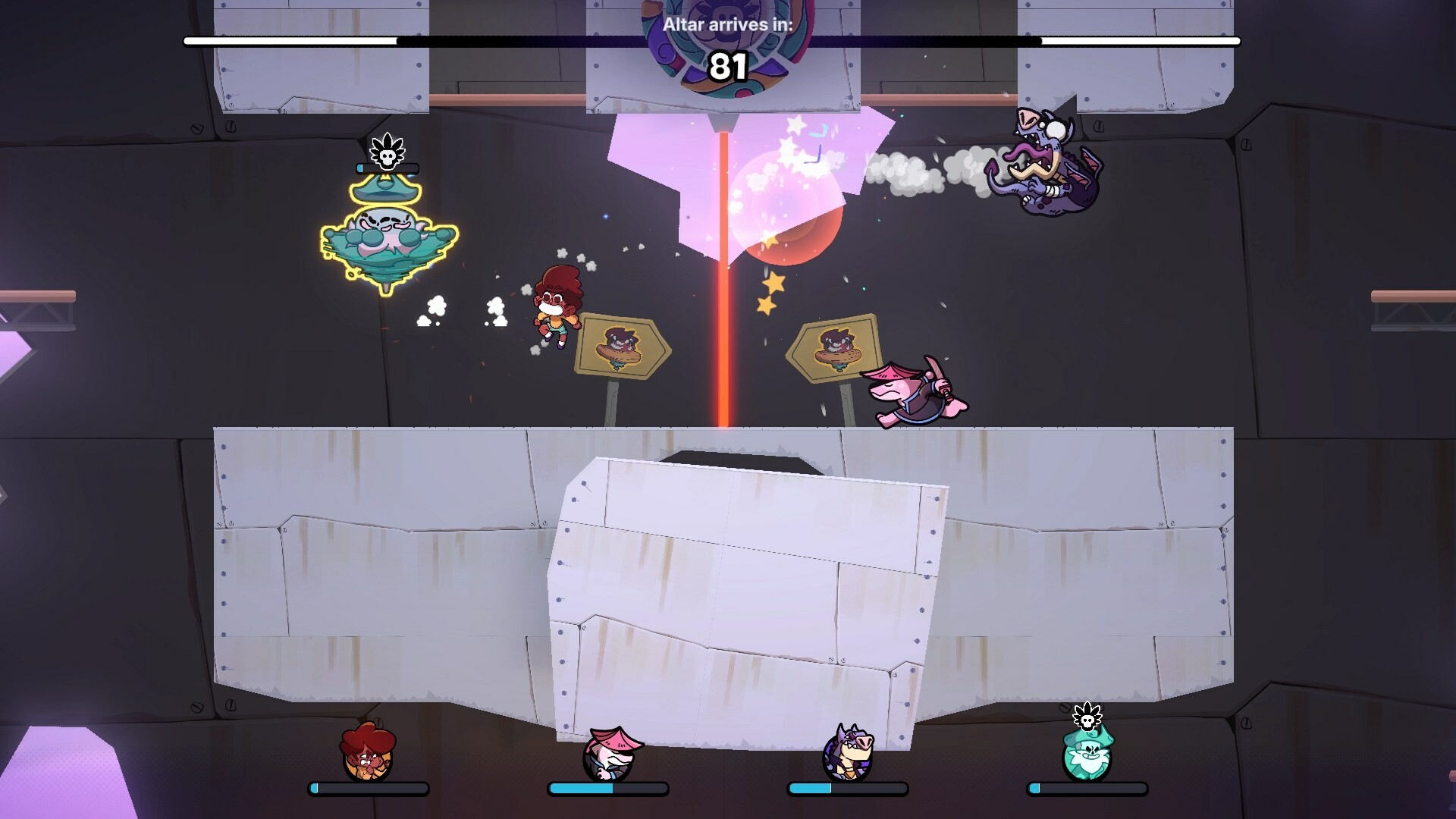 Characters facing lasers in a dark arena