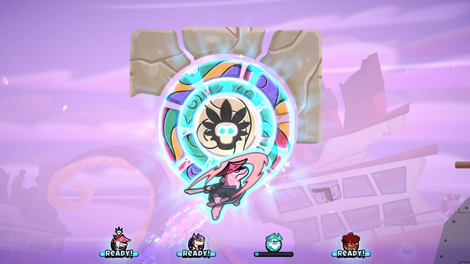 Players competing for the Mask of Lunara in a purple arena