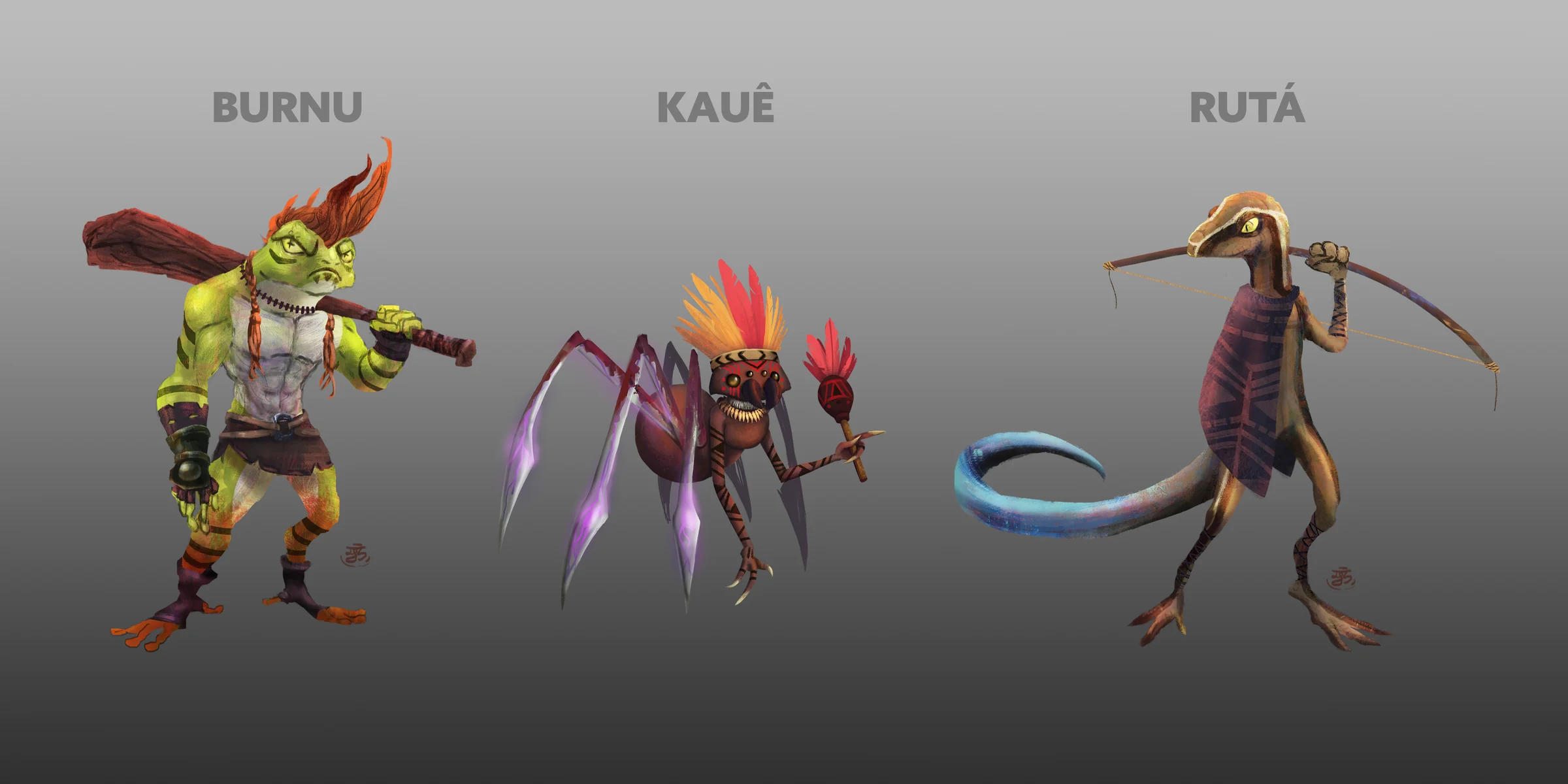 Burnu, Kauê and Rutá character designs