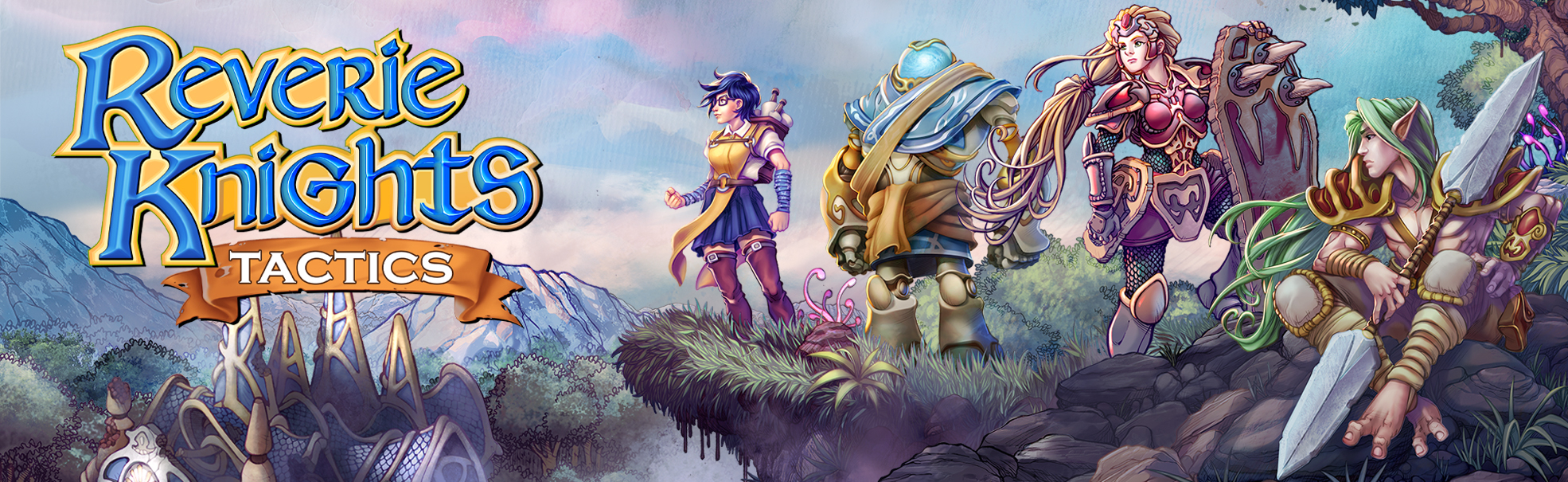 Banner de Reverie Knights Tactics com o logotipo e os personagens do jogo